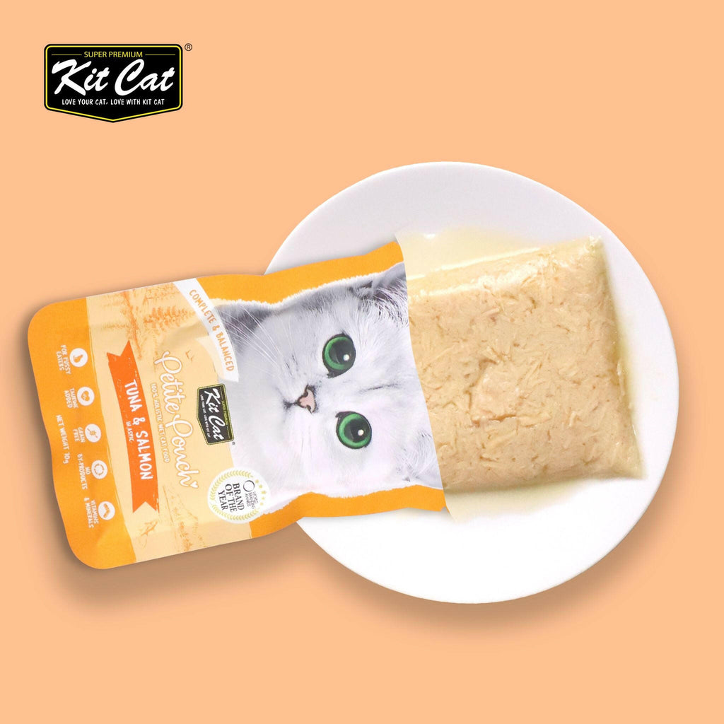 Kit Cat Petite Pouch Complete & Balanced Wet Cat Food - Tuna & Salmon in Aspic (70g).