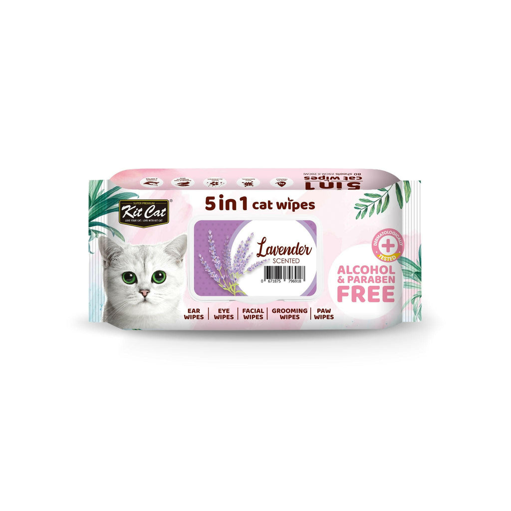 [CTN OF 12] Kit Cat 5 in 1 Cat Wipes - Lavender (12x80pcs) | Paraben & Alcohol Free.