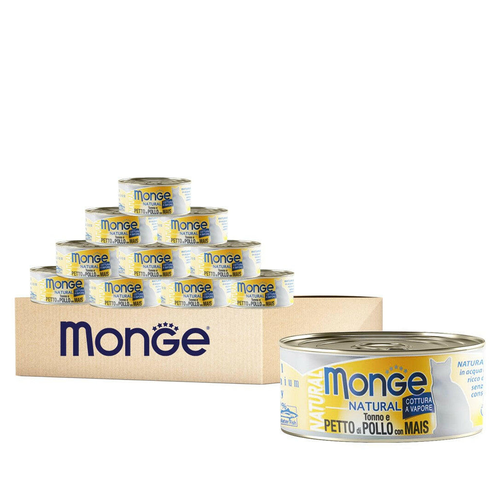 [CTN OF 24] Monge Cat Canned Food - Natural Tuna And Chicken With Corn (80g).
