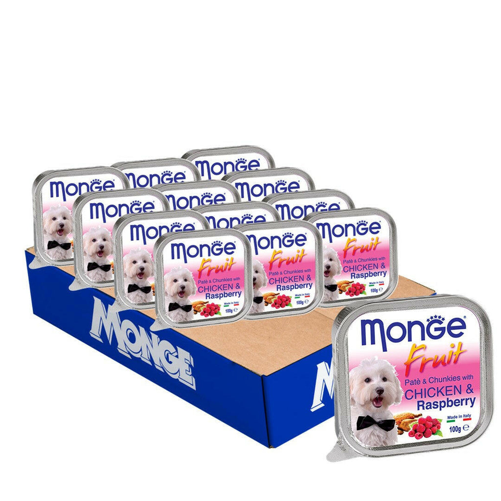 [CTN OF 32] Monge Fruits Pate & Chunkies Wet Dog Food - Chicken & Raspberry (100g).