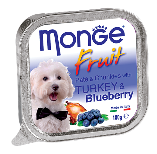 [CTN OF 32] Monge Fruits Pate & Chunkies Wet Dog Food - Turkey & Blueberry (100g).