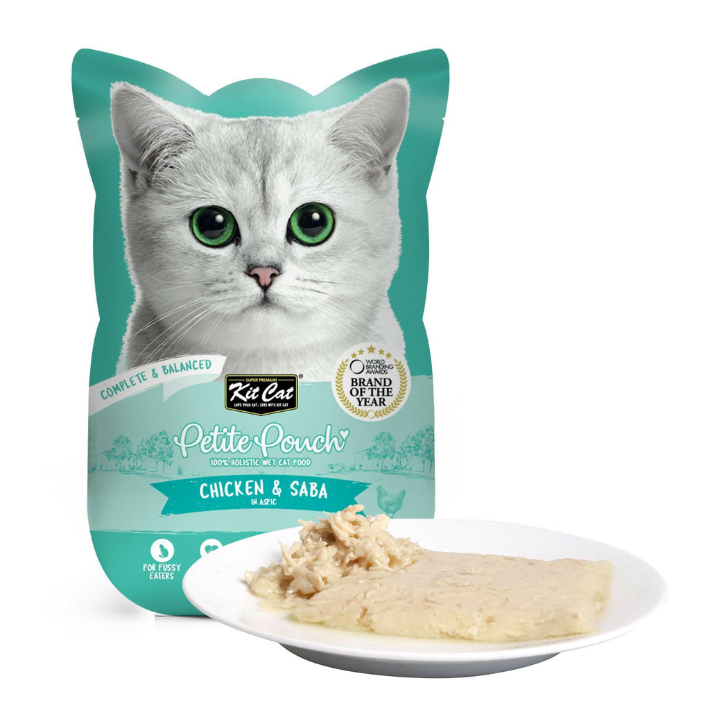 Kit Cat Petite Pouch Complete & Balanced Wet Cat Food - Chicken & Saba in Aspic (70g).