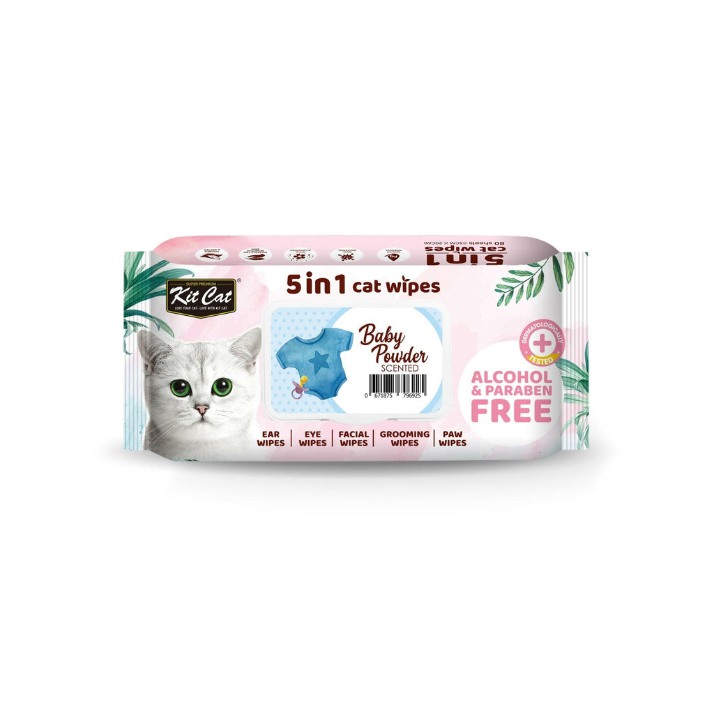 [CTN OF 12] Kit Cat 5 in 1 Cat Wipes - Baby Powder (12x80pcs) | Paraben & Alcohol Free.