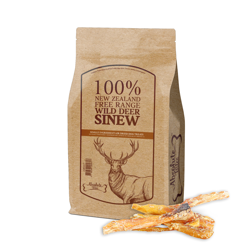 Absolute Bites Single Ingredient Air Dried Treats for Dogs - 100% New Zealand Free Range Wild Deer Sinew (150g).