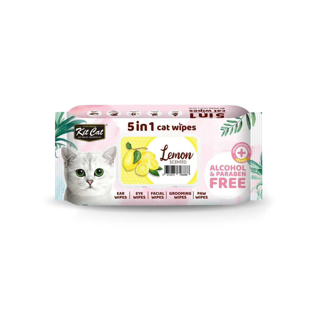 [CTN OF 12] Kit Cat 5 in 1 Cat Wipes - Lemon (12x80pcs) | Paraben & Alcohol Free.
