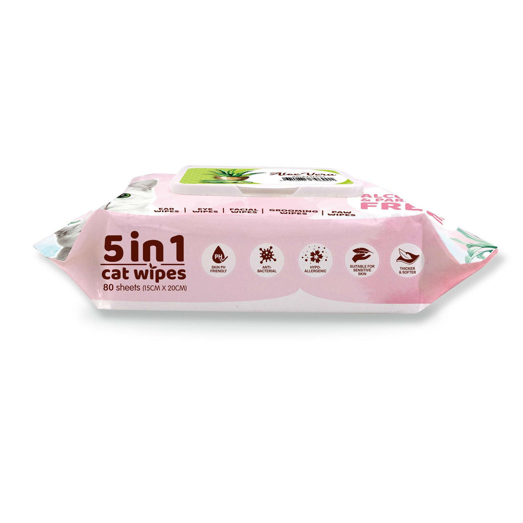 [CTN OF 12] Kit Cat 5 in 1 Cat Wipes - Aloe Vera (12x80pcs) | Paraben & Alcohol Free.