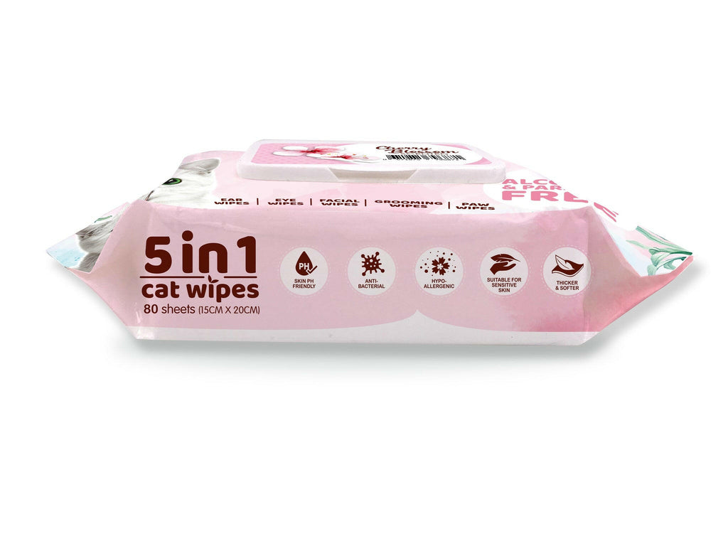 Kit Cat 5 in 1 Cat Wipes - Cherry Blossom (80pcs) | Paraben & Alcohol Free.