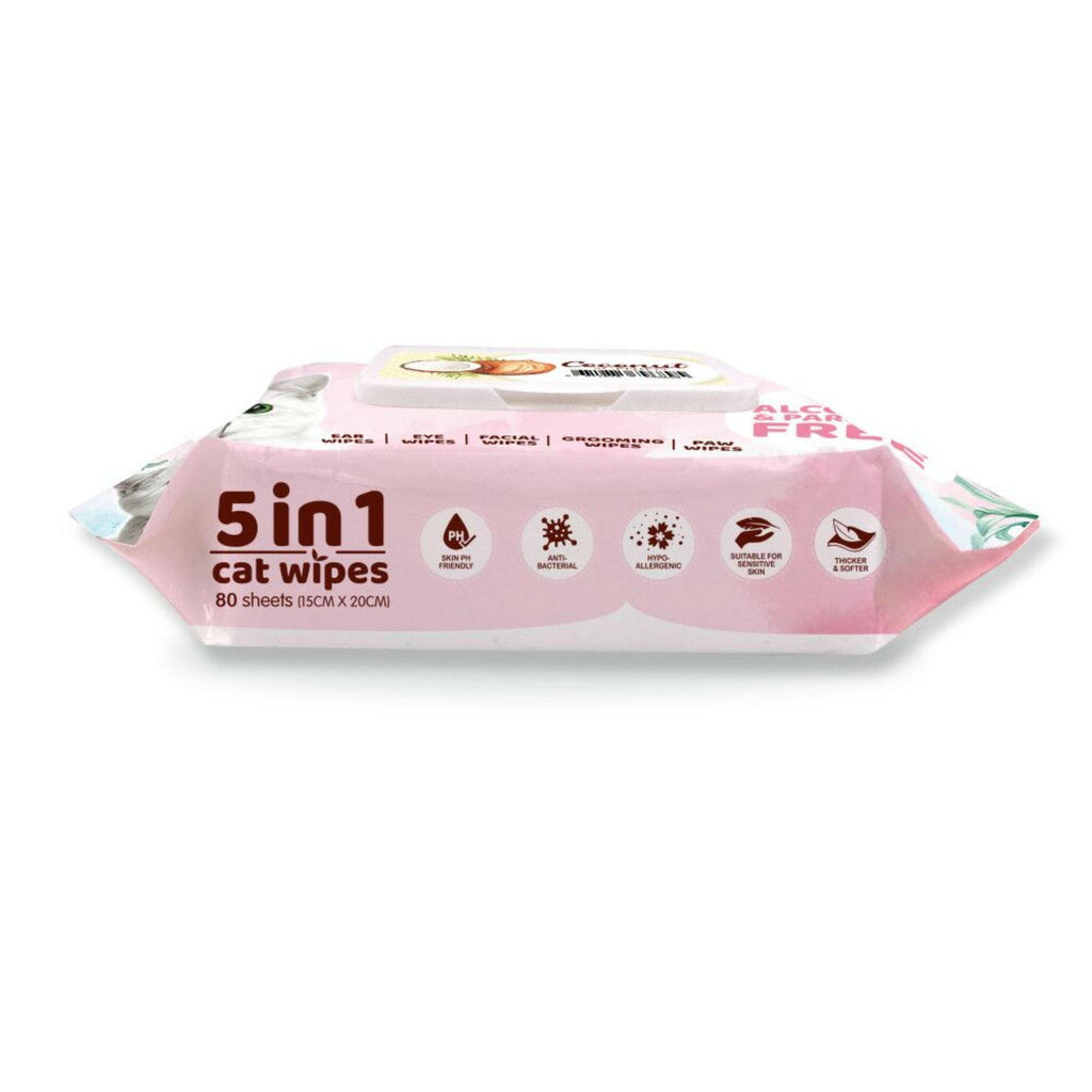 [CTN OF 12] Kit Cat 5 in 1 Cat Wipes - Coconut (12x80pcs) | Paraben & Alcohol Free.